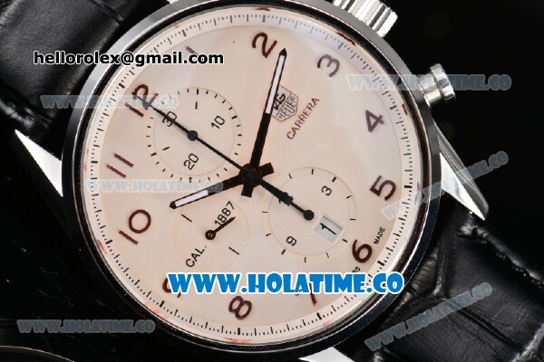 Tag Heuer Carrera Callbre 1887 Chrono Swiss Valjoux 7750-SHG Automatic Steel Case with White Dial and Arabic Numeral Markers - Click Image to Close